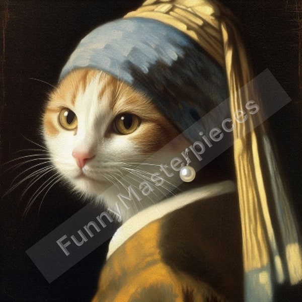 Perlenohrring Katze mit Perlenohrring Vermeer Gemalde Vermeer Druck Mädchen mit Perlenohrring Parodie Digital Art Druck druckbare Kunst-Parodie