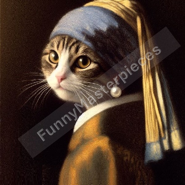 Girl with a Pearl Earring Vermeer painting parody Vermeer print Cat with pearl earring Digital Art print Printable art Famous artists parody