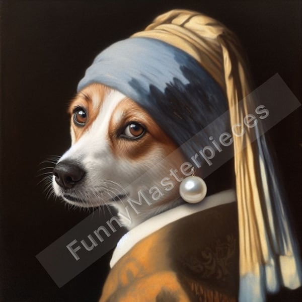 Dog with Pearl Earring Vermeer paintings Vermeer art Girl with pearl earring Digital Art print Printable Wall art Famous artist Funny parody