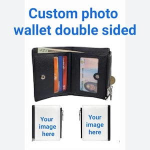 Cartera unisex personalizada de doble cara con ventana para fotos y portadocumentos. Cartera de piel sintética con monedero con cremallera.