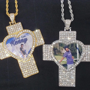 Cross Memorial Heart Necklace with rhinestones Custom Photo necklace Custom picture pendant necklace with free chain