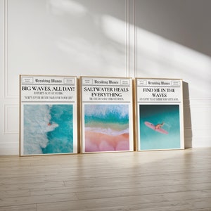 Arte de la pared del periódico - cartel imprimible chic del océano arte de la pared de 3 piezas / cartel de surf estilo inspirado en el océano / impresión del periódico arte de la pared playera