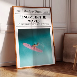 Arte mural de periódico: póster imprimible chic del océano / póster de surf inspirado en el océano / arte mural playero con impresión de periódico / arte mural con tabla de surf