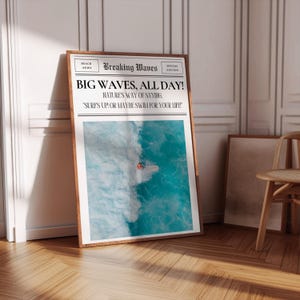 Arte mural de periódico - Póster imprimible chic del océano / Arte mural de tabla de surf Póster de surf / Impresión de periódico Arte mural playero / Estilo inspirado en el océano