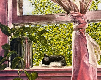 Art Print - oil painting still life; Cat on a Window Sill