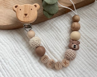 Pacifier Chain Bear with Name Wood Natural Girl Boy Personalized
