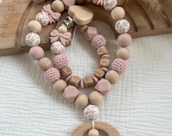 Kinderwagenketten Set Schleife und Herz Holz/Silikon mit Schnullerkette