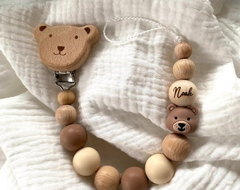 Pacifier chain bear with name wood natural girl boy personalized