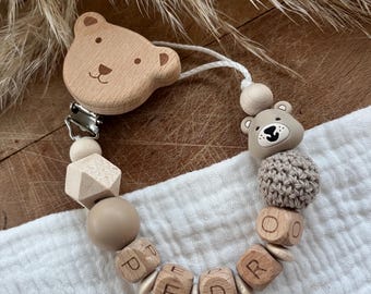 Personalized wooden pacifier chain with bear and name, for girls and boys