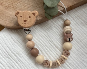 Pacifier Chain Bear with Name Wood Natural Girl Boy Personalized