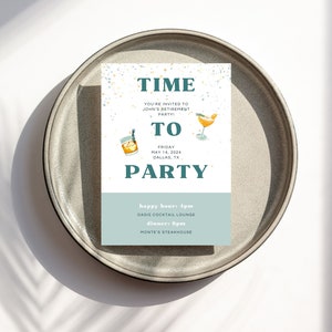Moderne, aanpasbare sjabloon voor de uitnodiging voor een feestje: pensioen, cocktailparty, happy hour, viering bewerken op Canva - proost op geweldige tijden!