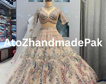 Lehenga blanca con lentejuelas codificadas para trabajar en bodas, Lehenga bordada, dupatta de trabajo pesado, atuendo pakistaní, Lehenga semicosida,