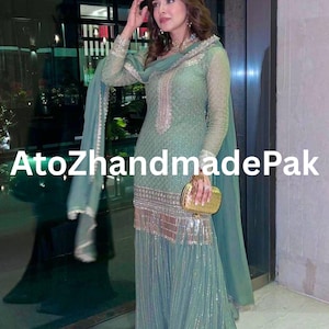 Heavy Faux Georgette Full Sleeve With Designer Work Mint Green Sharara Palazzo Suit For Women with Sequence Embroidery Work, Party Wear Suit