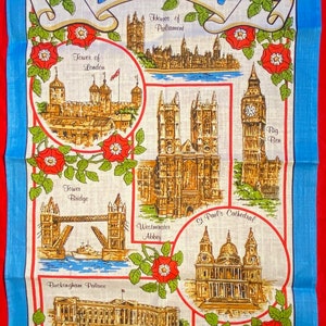 Vintage &quot;Dunmoy&quot; Pure Irish Linen Dish/Tea Towel - &quot;London Landmarks&quot; Print
