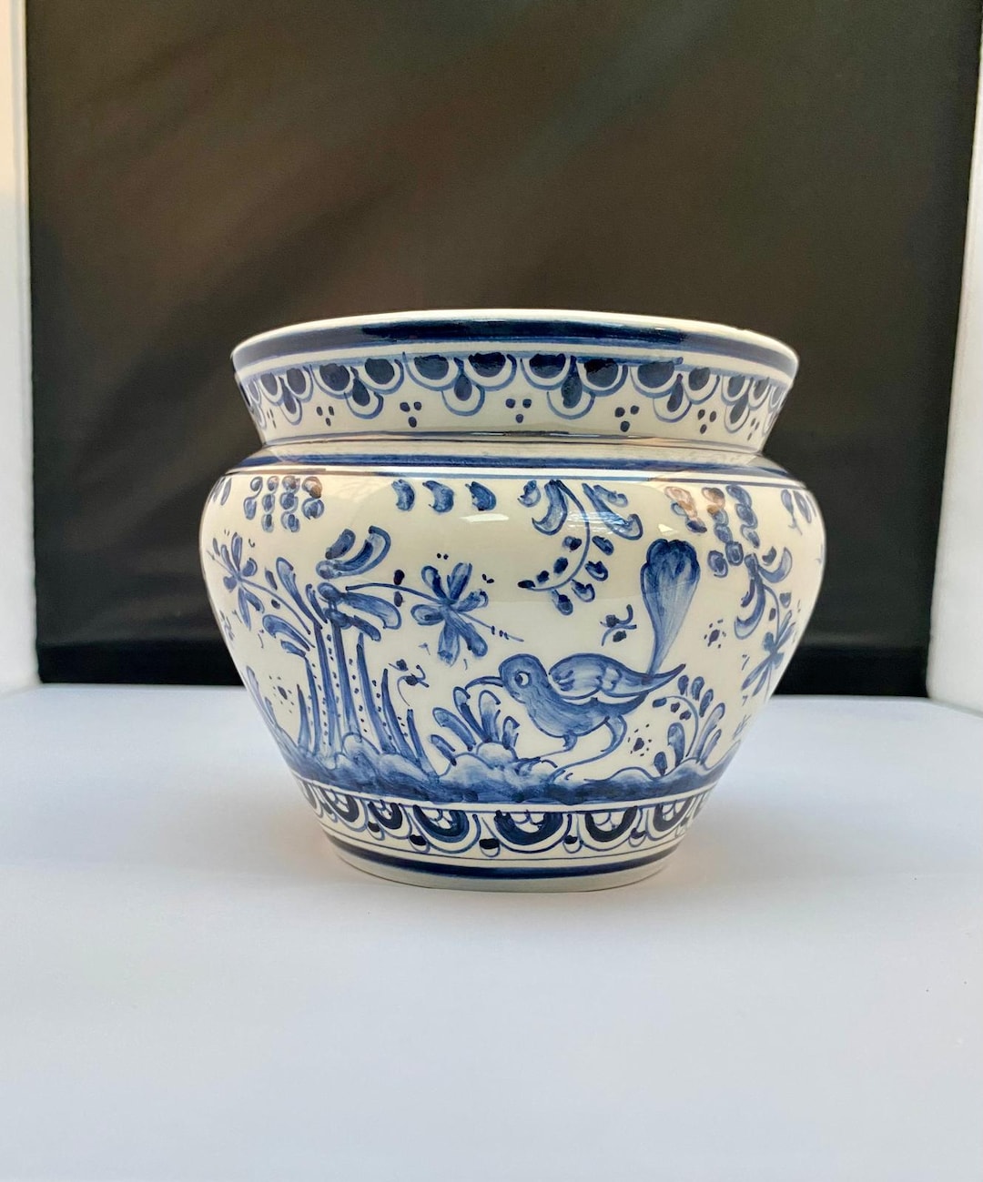 Vintage Pottery Hand Painted Bird and Deer Blue and White Made in ...