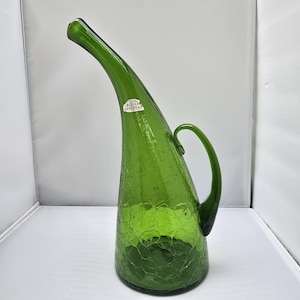 Bent Neck Seeded Glass Decanter - Green - Vintage 1950s Blenko Winslow Anderson #948