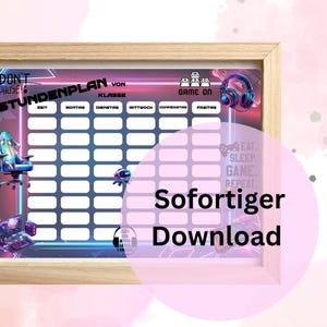 Könnte beinhalten: Eine druckbare Stundenplanvorlage mit einem neonrosa, blauen und violetten Farbschema. Die Vorlage ist für einen Schulstundenplan konzipiert und enthält die Wochentage, Zeitfenster und die Wörter "Don't Pause" und "Game On".