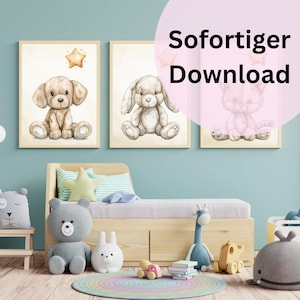 Bonito conjunto de 3 pósteres para la habitación de los niños: gato, conejo y perro (archivo digital A4)