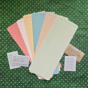 May include: A collection of colorful reading list cards and quote cards on a green polka dot background. The reading list cards are pastel shades with the text "2026 Reading List". Quote cards include text from F. Scott Fitzgerald and Walt Whitman.