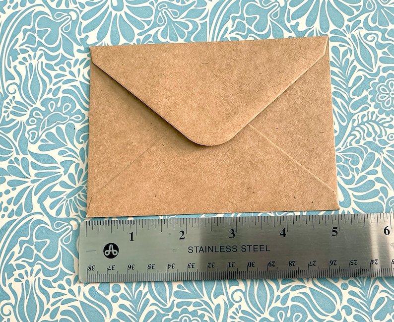 May include: A brown paper envelope with a white flap. The envelope is 4 inches wide and 6 inches long.