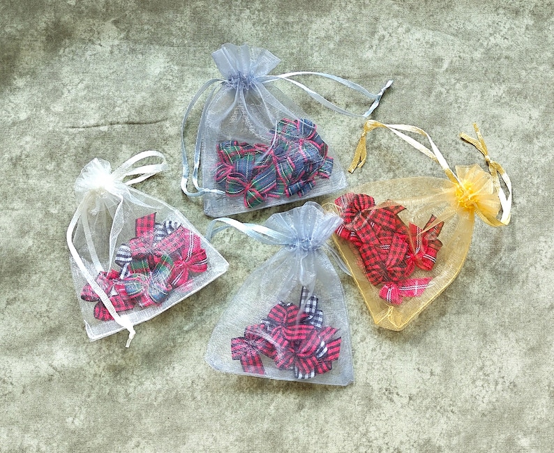 Mini 1" Buffalo Plaid Christmas Ribbon Bows: Holiday craft supply; Sets of 10** image 1