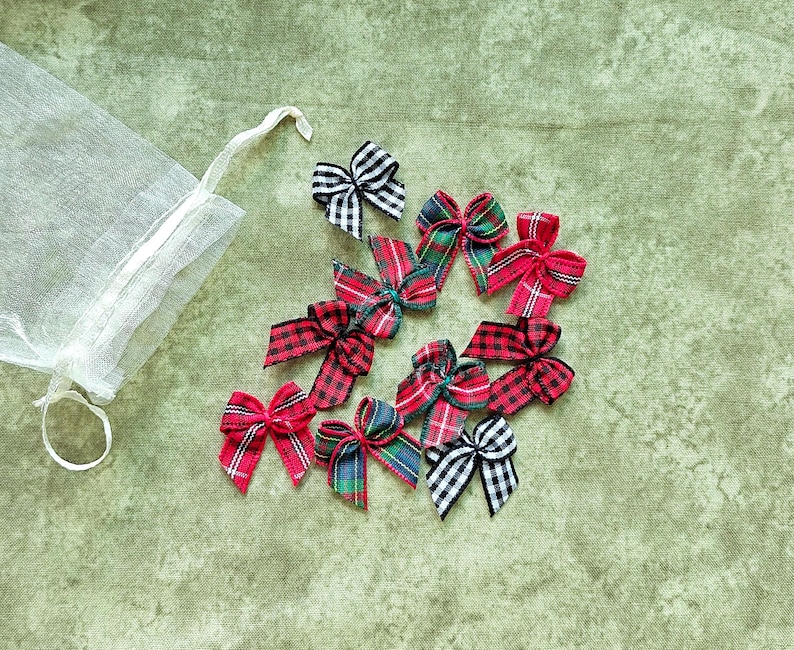 Mini 1" Buffalo Plaid Christmas Ribbon Bows: Holiday craft supply; Sets of 10** Buffalo Plaid Bundle