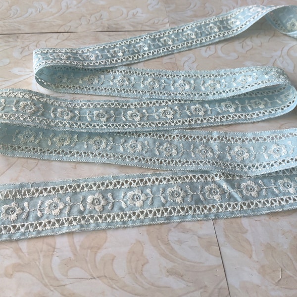 1 1/2 inch Vintage Light blue flower eyelet Lace, sold by the yard