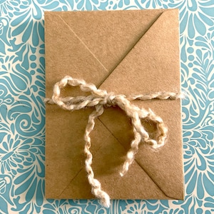 May include: A brown paper envelope with a twine bow. The envelope is on a blue and white patterned background.