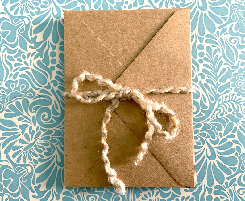 May include: A brown paper envelope with a twine bow. The envelope is on a blue and white patterned background.