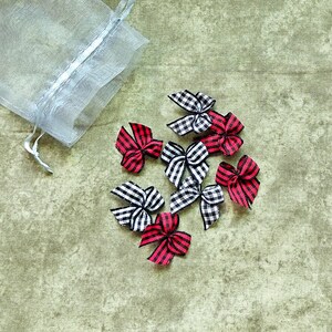 Mini 1" Buffalo Plaid Christmas Ribbon Bows: Holiday craft supply; Sets of 10** red, black & white