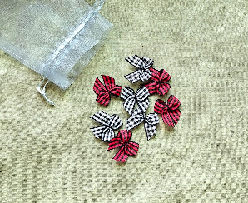 Mini 1" Buffalo Plaid Christmas Ribbon Bows: Holiday craft supply; Sets of 10** red, black & white