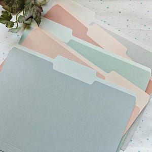 May include: A stack of pastel-colored file folders in shades of blue, pink, and green. Each folder has a light-colored tab at the top. The folders are arranged in a fan shape, with the top folder being a light blue color.
