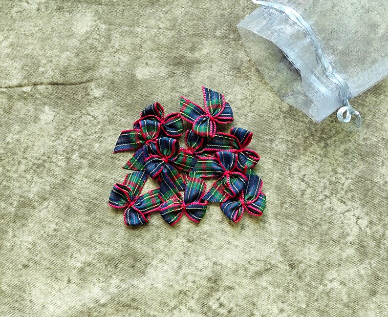 Mini 1" Buffalo Plaid Christmas Ribbon Bows: Holiday craft supply; Sets of 10** blue/green red trim