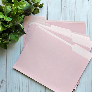 May include: A stack of light pink file folders with white tabs. The folders are arranged on a light blue and white wooden surface, with green leafy branches in the background.