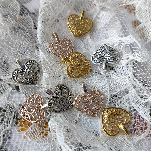 Antique Silver, Bright Gold & Rose Gold Open Heart Pendant Charms, NEW Variety Bundle