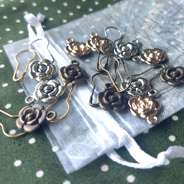 Dozen Rose Charms, mixed metals: Antique Gold, Gold and Silver with matching Bulb pins