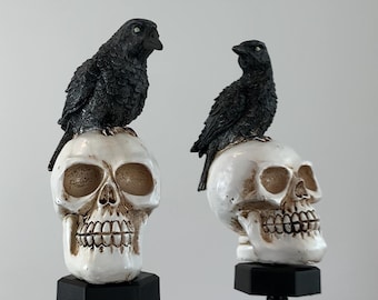 May include: Two decorative garden stakes featuring black crow figurines perched atop realistic off-white human skulls. Each skull has detailed teeth and eye sockets, mounted on a black hexagonal base, creating a pair of dark, avian-themed ornaments.