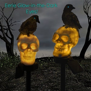 Skull and Crow Set of 2 Solar Pathway Lights with Glow in The Dark Eyes