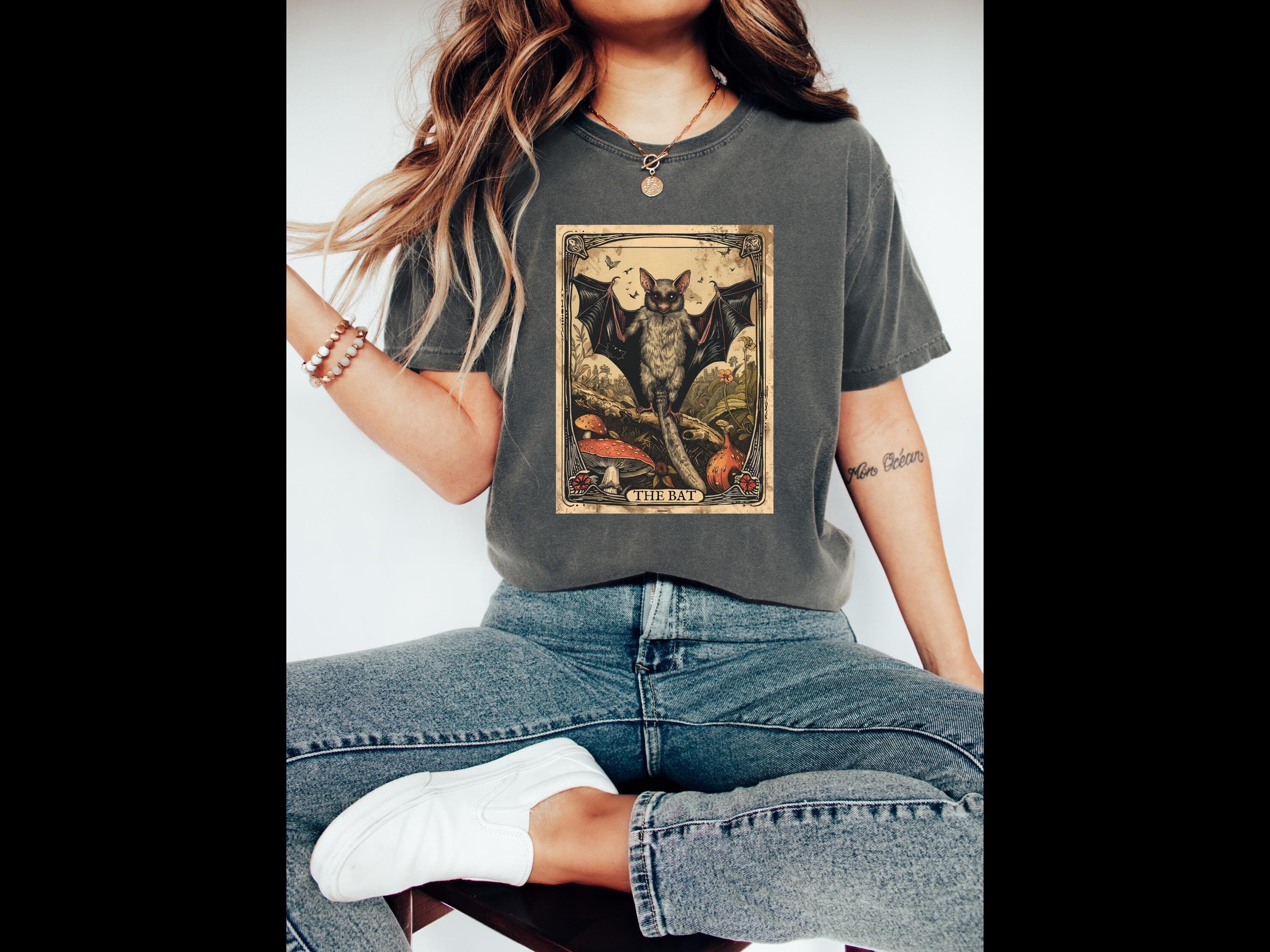 Whimsical Bat Tarot Card Shirt, Spooky Gothic Tee, Cottagecore Goblincore Aesthetic, Halloween Shirt, Mystical Fashion, Unique Witch Apparel