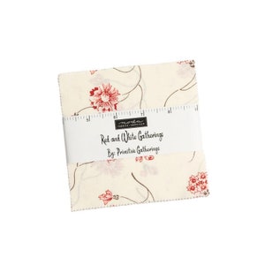 May include: A cream-colored fabric square with a red and white floral pattern. The fabric is labeled "Red and White Gatherings" by "Primitive Gatherings".