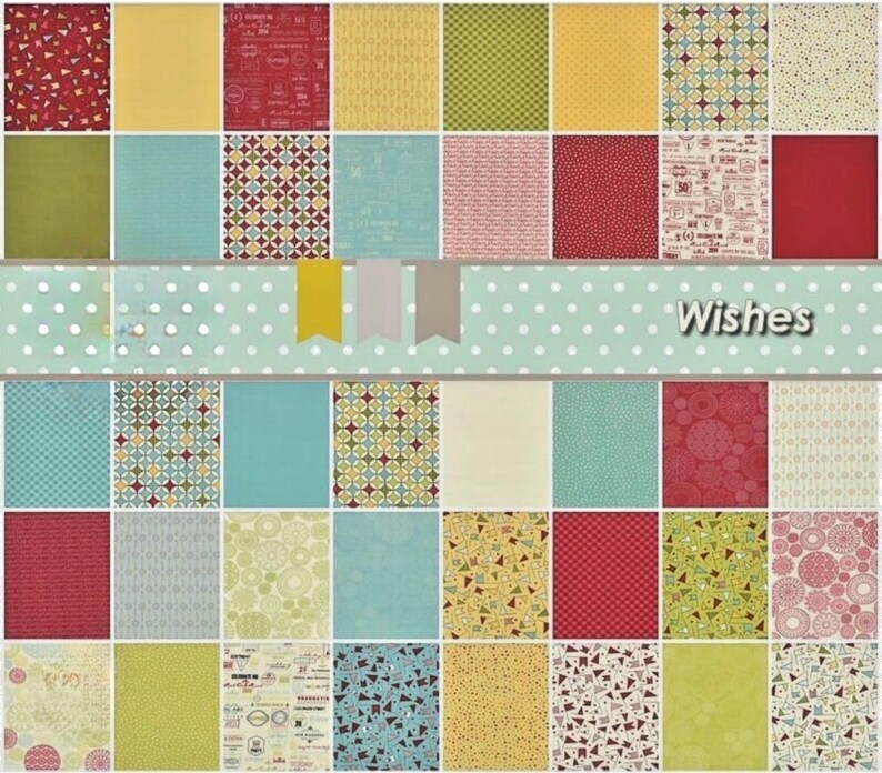 May include: A collection of patterned paper squares in various colors and designs, including red, yellow, green, and blue. The word "Wishes" is displayed on a light blue banner with white polka dots, and yellow, gray, and tan banners.