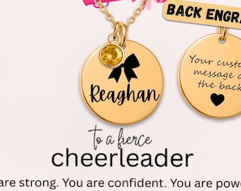 Personalized Coquette Cheer Necklace with Birthstone, Cheerleader Gift for Her, Dainty Gold Necklace, Laser Engraved Birthstone Gift