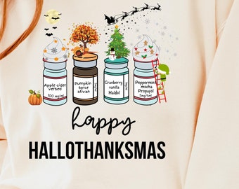 Hallothanksmas Nurse Sweatshirt, RN Holiday Top, Funny Thanksgiving Christmas Halloween Shirt, Healthcare, Pharmacist Gift