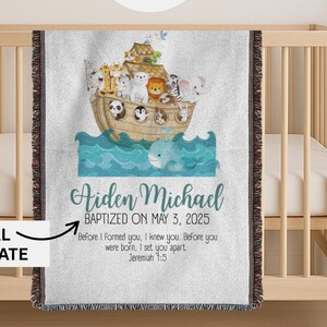 Custom Noah&#39;s Ark Blanket for Baby Baptism, Personalized Christian Baby Dedication Gift with Name & Date for Boy Minky Woven Keepsake
