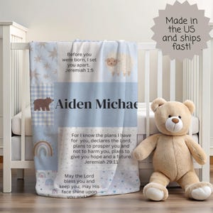 Personalized Scripture Minky Blanket, Christian Gift Bible Verses, Woodland Animals Baby Shower Boy Baptism Gift with Name Patchwork Blanket