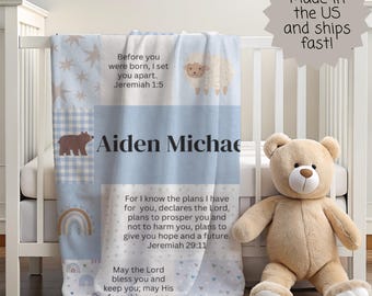 Personalized Scripture Minky Blanket, Christian Gift Bible Verses, Woodland Animals Baby Shower Boy Baptism Gift with Name Patchwork Blanket