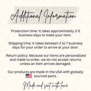 May include: Text on a white background with the title "Additional Information". The text describes production time, shipping time, return policy, and the origin of the products. The text ends with "Made and sent with love".