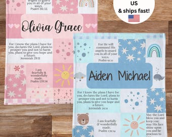 Personalized Minky Baby Name Blanket | Custom Christian Baby Shower & Baptism Gift with Bible Verses, Infant Godchild Christening Keepsake