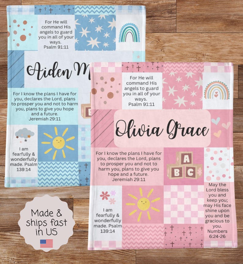 Personalized Minky Baby Name Blanket | Custom Christian Baby Shower & Baptism Gift with Bible Verses, Infant Godchild Christening Keepsake image 3