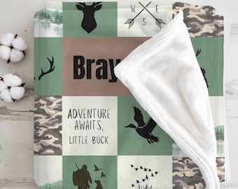 Personalized Camo Baby Name Blanket for Boys, Deer Duck Hunting Nursery, Kids Toddler Hunting Blanket, Woodland Minky Gift for Baby Shower